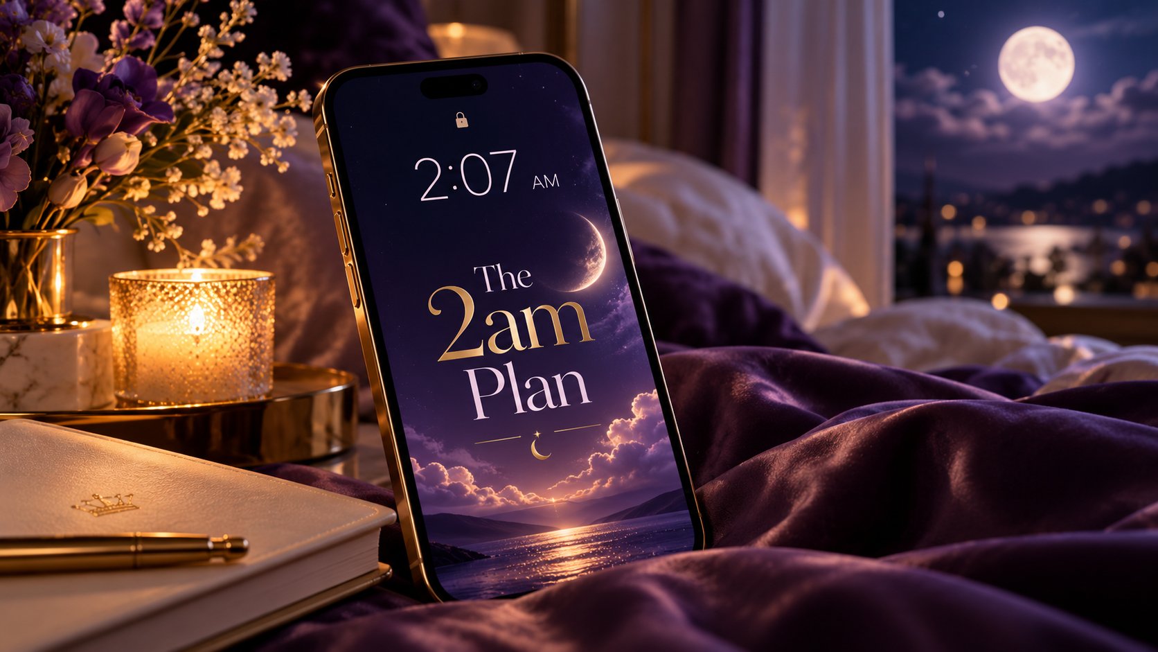 The 2am Plan on a phone lock screen at 2:07am, beside a candle and journal